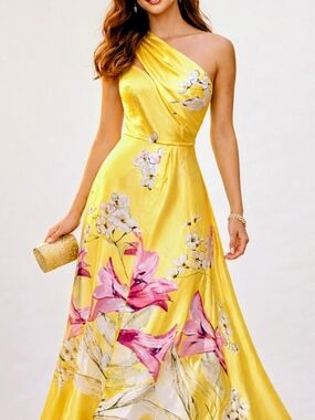 SN Sonia Peña Yellow Floral One Shoulder Maxi Dress Slit Prom Wedding Guest NWT